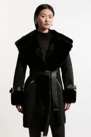 Faux Shearling Collar & Cuff Belted Short Coat