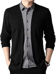 [SWJGLITTR] Mens Shawl Collar Cardigan Sweater Button Down Cable Knitted Male Sweater Long-Sleeve Wool Blend Cardigan, Black, Large