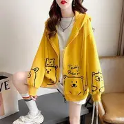 Bear Print Zip Hoodie Without Lining - Yellow - XL