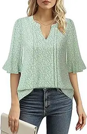 [Bodhi talk] Women's Blouse Elegant Floral Chiffon Shirts Summer Work Tops Business Casual Office Party Tunic Shirt, Green Floral, XL