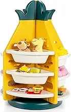 BABY JOY Kids Toy Storage Organiser, 3-Tier 360° Rotating Toy Shelf w/ 8 Bins & 4 Shelves, Toddler Book Rack Furniture for Kids Room Playroom, Easy Assemble Bookcase for Boys Girls, Pineapple Shape