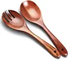 Acacia Wooden Salad Servers Set, 10.4 in Long Handle Tongs and Spoon