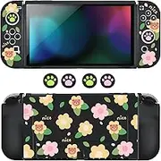 DLseego Protective Case for Switch OLED, Shockproof Dockable Switch OLED Case, Switch OLED Accessories with 2 Joycon Covers and 4 Pieces Joystick Cover Caps, Black Flower Bear