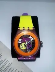 Swatch Dip In Color Orange Skeleton Dial Yellow and Purple Silicone Watch New