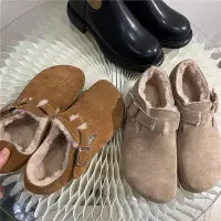 在飛比找Yahoo!奇摩拍賣優惠-QUEEN韓國女鞋2024年新款復古磨砂真皮丑萌大頭加絨勃肯