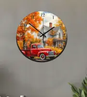 Vintage Old Pickup Truck Art Wall Hanging Clock Time Piece Fall Leaves Autumn