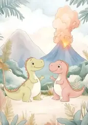 Two Dinosaurs with Active Volcano Nursery Kids Room Wall Art Print 8.5"x11"