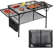 [FORYUSE] Folding Camping Table 90x60cm with Extension Board Portable Lightweight Height Adjustable Metal Mesh Desktop Bag Side Pocket for Outdoor BBQ Grill Picnic Beach