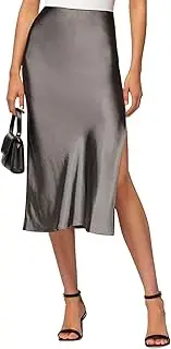 [VividHarbor] Satin High Waisted Midi Skirt Elastic Waistband Side Slit A Line Wedding Casual Skirts for Women