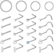 [Hoeudjo] Hinged Nose Rings Hoop Surgical Steel Cubic Zirconia Nose Studs Kit for Women Men Tiny Nose Stud Screw & Bone & L Shaped Nostril Rings Piercing Jewelry 20-18 Gauge 24 Pieces