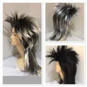 Black/ blonde/ silver Mullet wig 70s 80s Party Costume Rock Bogan