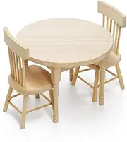 Odoria Dollhouse Dining Table Chairs: 3Pcs 1/12 Scale Miniature Dining Set for Kitchen Dining Room Vintage - Mini Wooden Furniture Round Table Unpainted