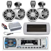 Pyle Bluetooth Marine Radio,Cover,Antenna,Amp w/Kit, 4x 3.5" 20W Chrome Speaker