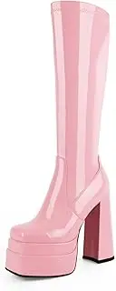 [wetkiss] Stacked Platform Knee High Boots for Women With High Chunky Heel, Gogo Boots for Women with Square Toe Side Zipper Stretch Boot