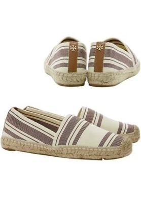 Tory Burch Striped Maroon Beige Canvas Espadrilles Flats Size 8 Slip On Shoes