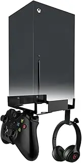 Metal Vertical Wall Mount Compatible with Xbox Series X, Securing Wall Bracket with Detachable Controller & Headphone Holder Kit (Black)
