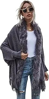 [utcoco] Women's Bat Sleeve Open Front Knit Cape Sweater Faux Fur Collar Tassels Shawl Wrap Poncho Cardiagn for Women