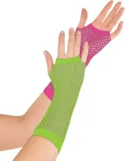 Neon Fishnet Long Gloves 80's Retro Fancy Dress Up Halloween Costume Accessory