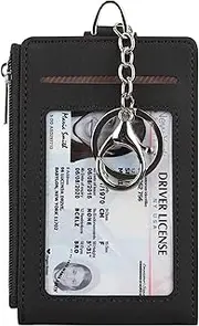 [Cynure] Women & Men Keychain 7 Card Slots Card Holder Case Zipper Slim Minimalist Front Pocket Wallet with 2 ID Window, Black01, 7 Cards, Minimalist