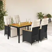 Garden Bistro Set Black Poly Rattan Patio Furniture, Comfy Chair Sets for Deck, Balcony, Porch & Outdoor Table with Cushions
