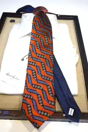 Robert Graham Silk Tie Necktie Blue Orange Zig Zag Stripe Gray Horseshoe bit