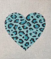 Handpainted Needlepoint Canvas Teal Blue Leopard Print Heart 18m
