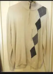 New Oscar De La Renta Mens XXL Ivory Argyle Pullover Sweater 1/4 Collar Zip