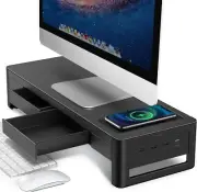 3 In 1 Monitor Stand Riser with 2 Storage Drawers,1 Wireless Charging Module ,