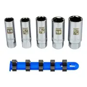 02500A 3/8" Drive Spark Plug Socket Set, 5 Piece, SAE And Metric, Rubber Reta...