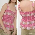 NWT Anthropologie Pilcro 8 Pink Plaid Madras Peplum Tank Top Cami