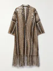 [Brunello Cucinelli] Brunello Cucinelli - Fringed Striped Sequined Jute-blend Cardigan - Beige - xx large xx large Neutrals