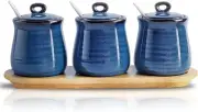 Hasense Porcelain Condiment 10oz Jar w/ Lid, Spoon and Bamboo Tray - Blue
