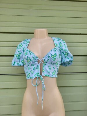 Zara DAISY Floral LINEN BLEND CROP TOP light blue 7385/052 Bra Bralette M