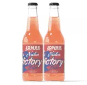 2 BOTTLES JONES SODA FALLOUT NUKA COLA VICTORY PEACH MANGO 12oz DRINKS IN HAND