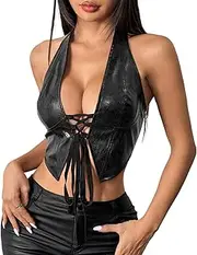 [GIYKBX] Trendy Faux Leather Halter Crop Tops for Women - Sexy Deep V-Neck, Tie-Front, Clubwear, Street Style & Party