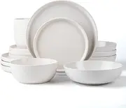 [Arora] SKUGGA Round Stoneware 16pc Double Bowl Dinnerware Set for 4, Dinner Plates, Side Plates, Cereal Bowls, Pasta Bowls - Matte White (466077)