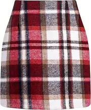 [Vrtige] Women's Plaid Mini Skirt High Waist Wool A Line Fall Bodycon Pencil Mini Skirt