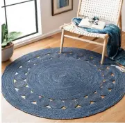 Rug Round Blue Dye Hand Braided 100% Natural Jute Farmhouse Area Rug Carpet Mat