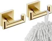 KOKOSIRI Robe Hooks Bathroom Double Towel Coat Hook for Bath Kitchen Wall Mounted, 2 Pack Brushed Gold Stainless Steel B1015BG-P2