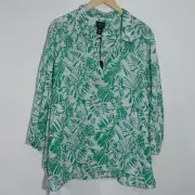 NWT Nicole Miller Women's Linen Blouse Top Sleeve Leaf Print Size 3X White/Green