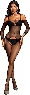 [ELEGANT LAM] Women's One Piece Fishnet Lingerie Bodysuit Mesh Bodystocking Crotchless Body suits For Women Nightwear, Black
