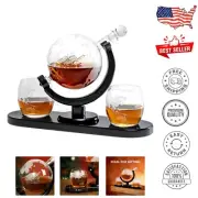 Unique Globe Whiskey Decanter Set - 1000ml Glasses & Wooden Holder, Perfect Gift