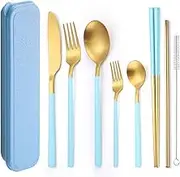 AARainbow 8 Pieces Stainless Steel Flatware Set Portable Reusable Cutlery Set Travel Utensils Set Including Chopsticks Knife Fork Spoon Straws Cleaning Brush Dishwasher Safe (B-Light blue Golden)