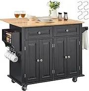 VEVOR Kitchen Island Cart, 43" Wood Top Mobile Carts with Storage Cabinet, Rolling Table with Drop Leaf, Spice Rack, Towel Bar, Adjustable Shelf, Drawer, and Hooks, Portable Islands on Wheels, Black