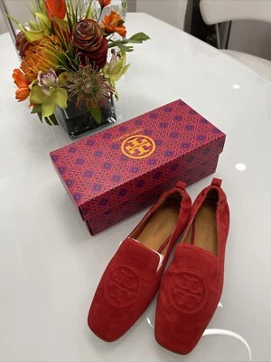 $228 Tory Burch Leigh Loafers Flats Carnelian Red Embossed Logo Suede Size 8