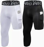 [LANDUNSI] 2 Pack One Leg Compression Tights for Basketball Mens 3/4 Capri Leggings Athletic Base Layer for Sports Running