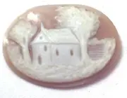 NOS Antique Hand Carved Oval Shell CAMEO Stone House & Tree Scene #N427