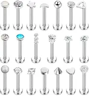[Kakonia] 20 Pcs Tragus Cartilage Forward Helix Stud Earrings for Women Men Monroe Labret Lip Nose Studs Stainless Steel CZ Balls Heart Flower Medusa Flatback Piercings Earrings 16G