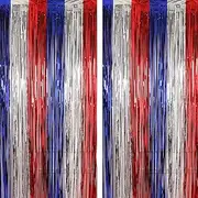 YUKL Red Blue Silver Curtains Fringe Backdrop Streamers Party Decorations 2Pack Independence Day Decorations Tinsel Backdrop Curtains Decorations
