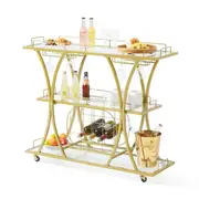 3 Tiers Gold Metal Bar Serving Cart with Wine Rack Glass Holder 180 LBS
